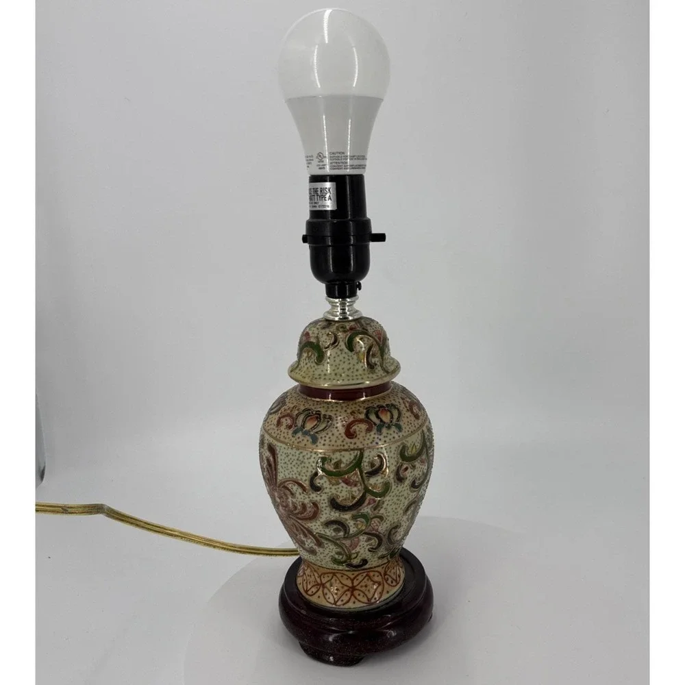 Vtg Asian Satuma Style Ginger Jar‎ Lamp Hand Painted Floral Chinoiserie Enamel
